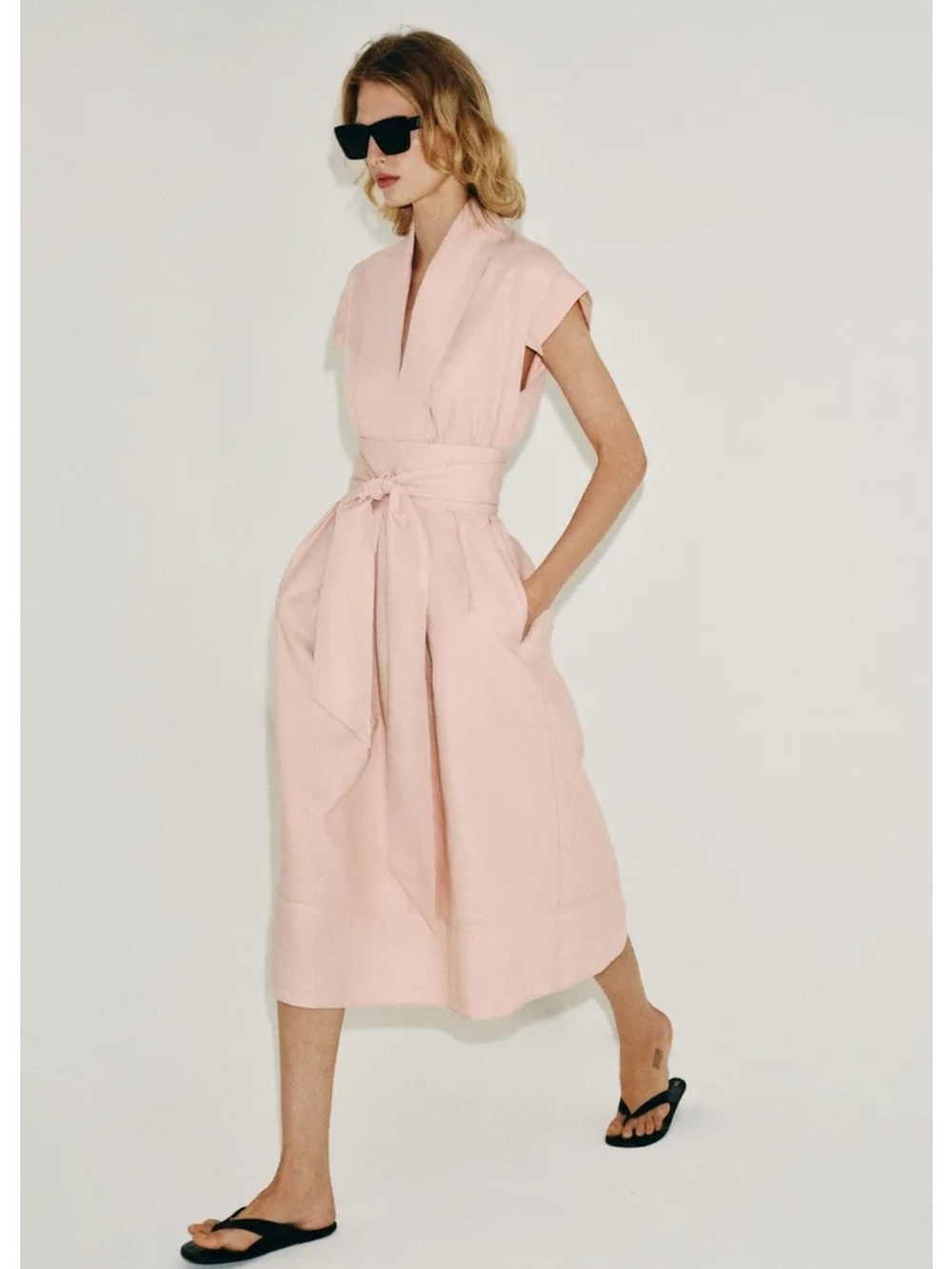 Zara Blush Pink Tie-Waist Midi Dress